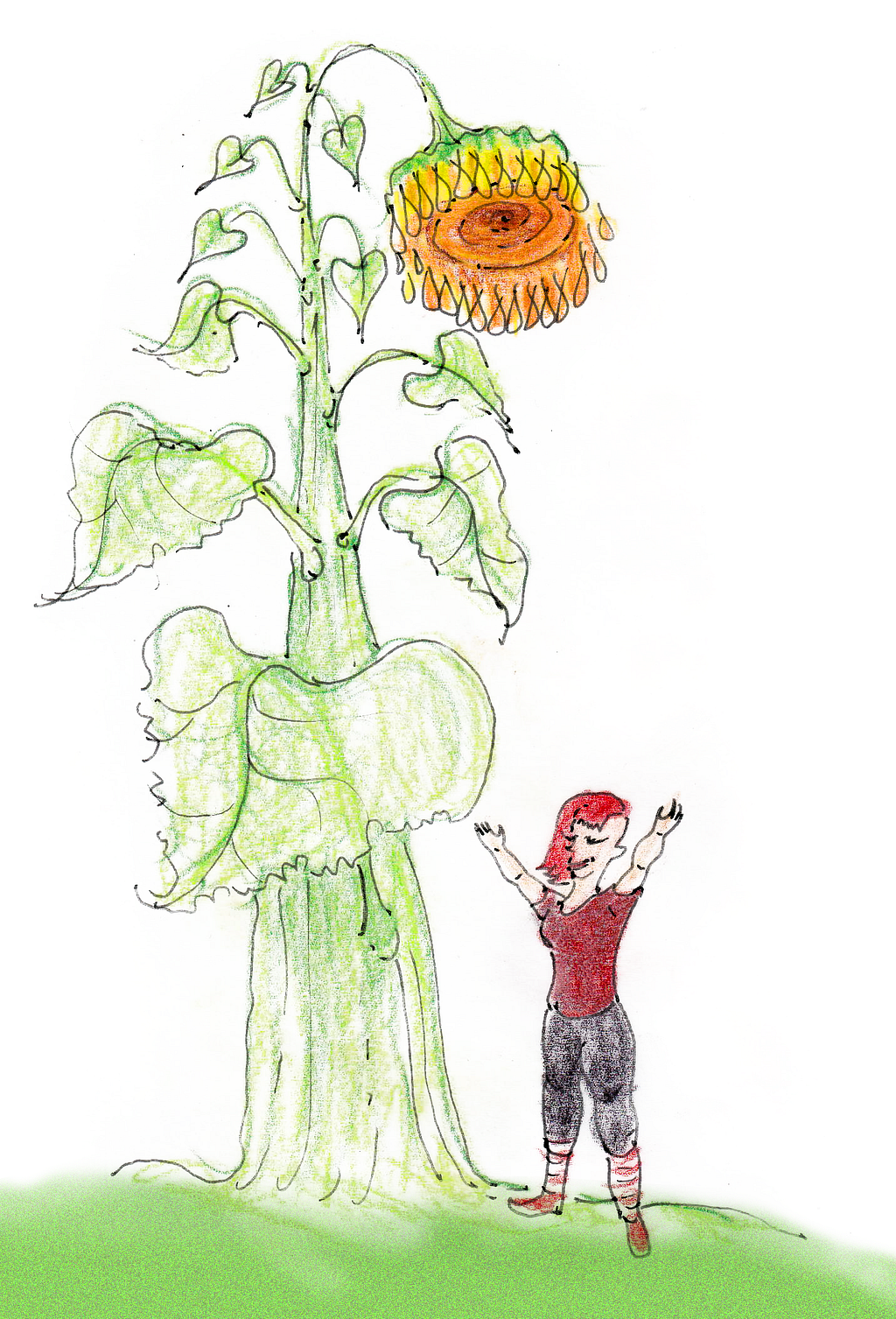 Drawing of a woman standing in front of a giant sunflower
