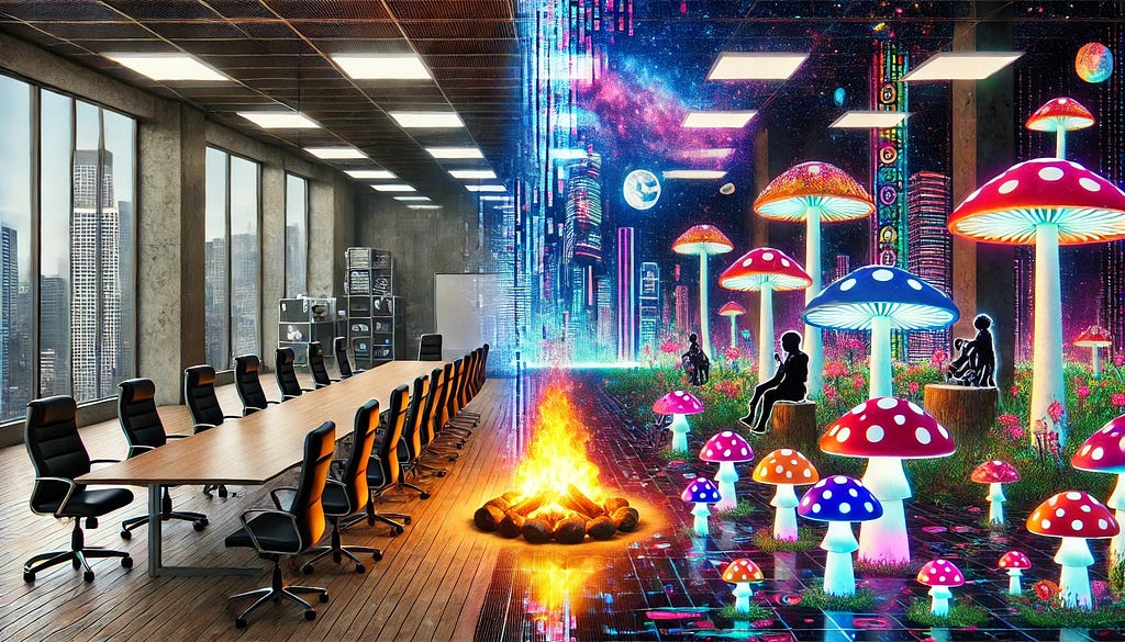 A large campfire burns in the center of the image, with an upscale but drab corporate conference room to the left, and an imaginative glowing mushroom forest at night on the right.