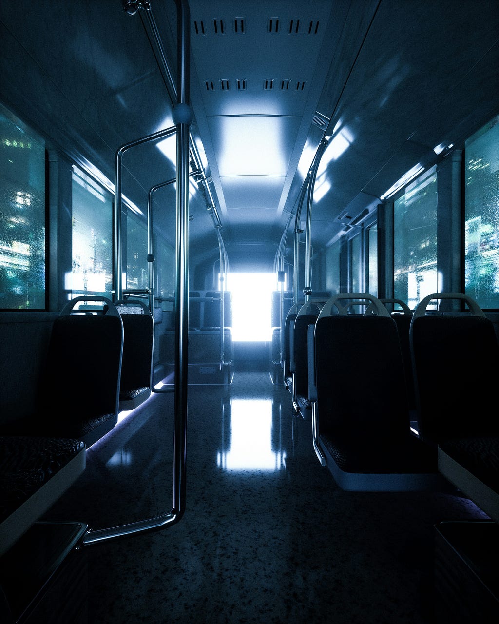 This image depicts the interior of a bus, with a futuristic or moody atmosphere. The lighting is dim, with a strong bluish tone dominating the scene. The seats are empty, and the bus appears to be traveling through a city at night, as suggested by the faint city lights visible through the windows. The light at the end of the bus creates a dramatic effect, emphasizing a sense of mystery or solitude. The reflective floor adds to the overall sleek, modern feel of the scene.