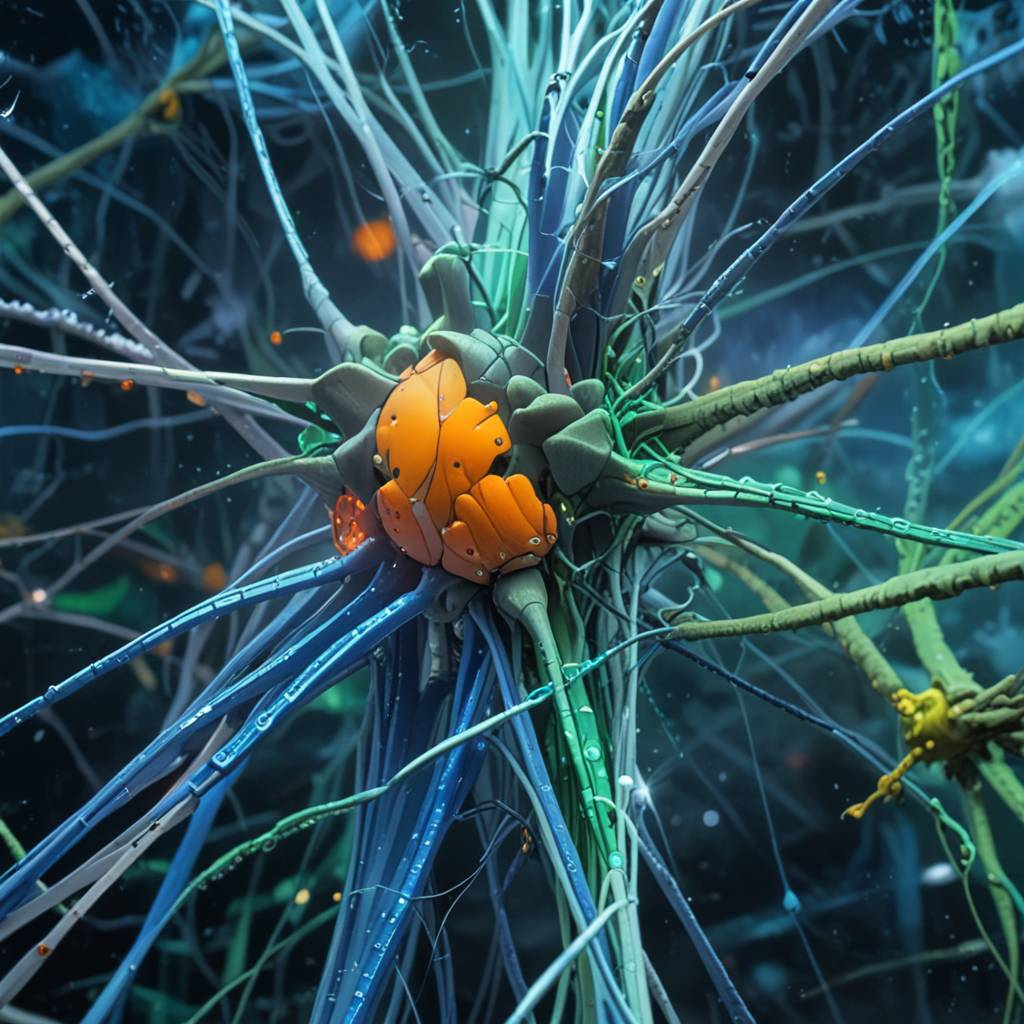 A close-up, detailed, and intricate image of a glowing, bioluminescent, orange and green organism with long, thin tendrils that stretch out from a central sphere.