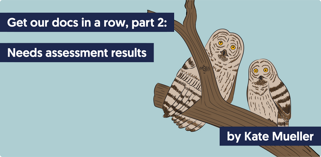 A drawing of two barred owls sitting on a tree branch with this text: Get our docs in a row, part 2: Needs assessment results — by Kate Mueller