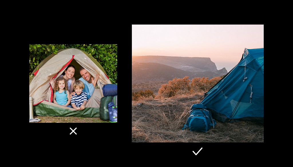 Two side by side stock photos of a tent and campsite. One is on a cliff and only shows a part of the tent, the other is shot head on with a family peeking out from inside.