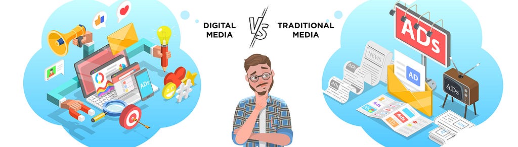 A visual representation of the contrast between traditional and digital media in terms of marketing approaches.