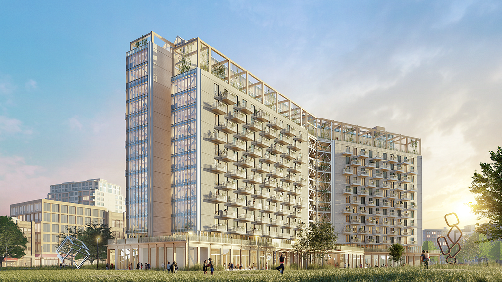 A rendering of a 15-story mass timber building model by Sidewalk Labs.