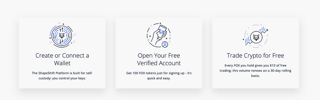 Create or connect a wallet, open your free verified account and trade for free with FOX token. ShapeShift.com