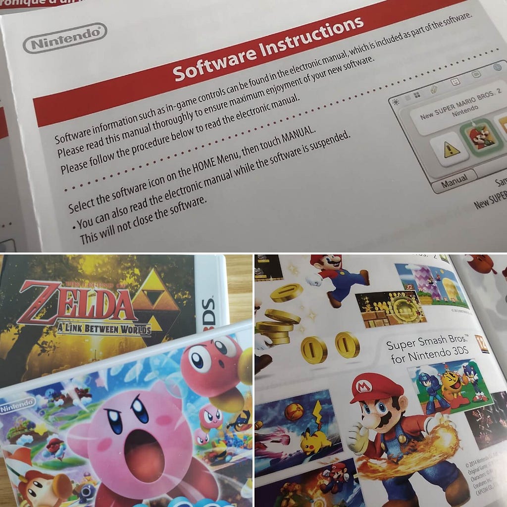 Photographs of the Zelda: A Link Between Worlds and Kirby Triple Deluxe game booklets