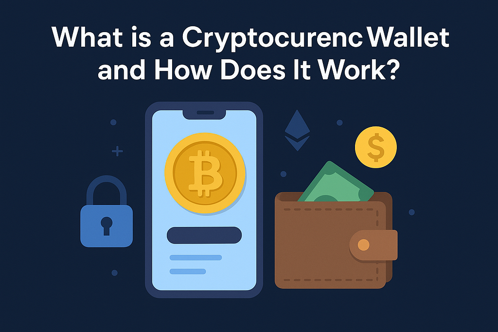 Flat-style digital illustration showing a smartphone with a Bitcoin symbol and a leather wallet containing cash, representing a cryptocurrency wallet concept. The title ‘What is a Cryptocurrency Wallet and How Does It Work?’ appears above on a dark blue background.
