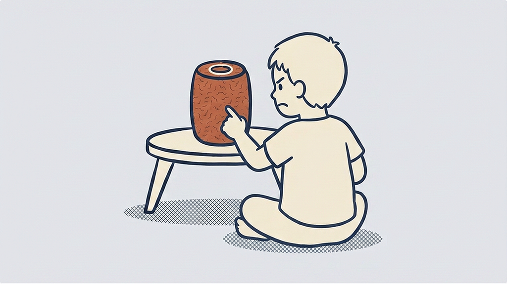 A small child sits on the floor seen from a three-quarter angle, pointing at a cylindrical smart speaker on a low stool. The speaker is filled with a terracotta wavy texture and has a glowing ring on top. The child is drawn in cream outline with a slightly furrowed expression. All outlined in navy on a pale grey background.