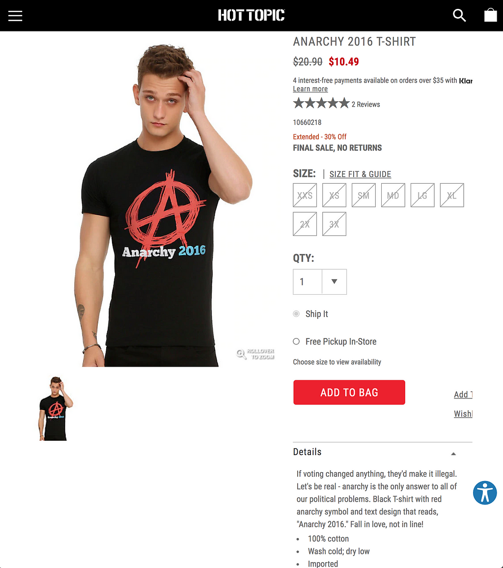 A screencap of the Hot Topic webpage, on a listing for an “Anarchy 2016” shirt.
