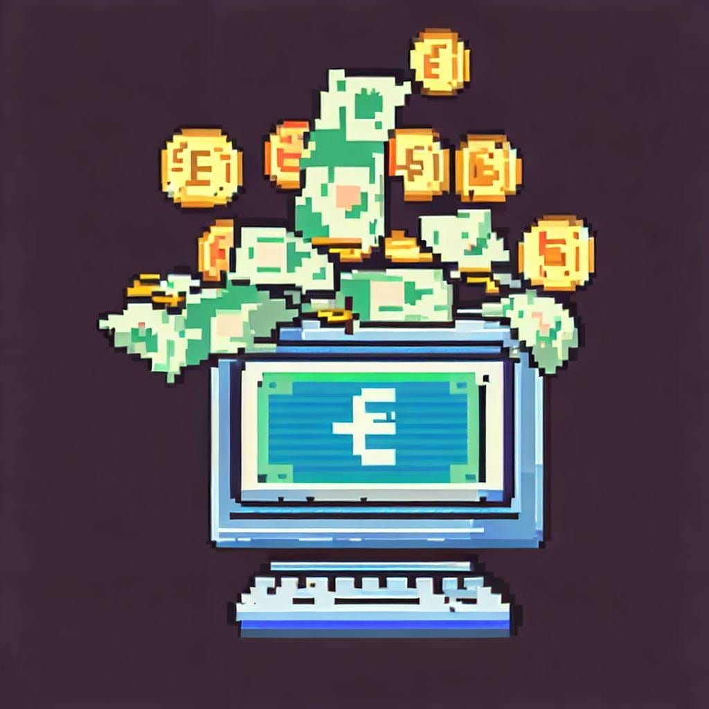 PixelArt computer with money coming out of it