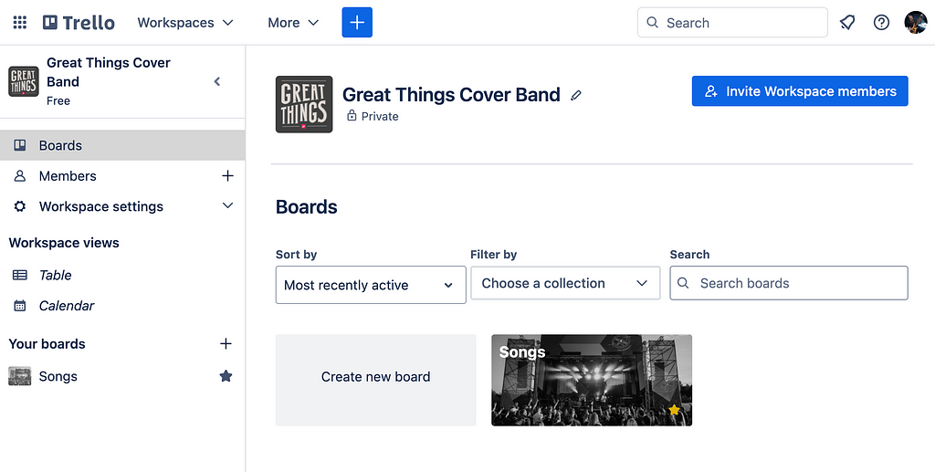 Trello workspace with a single board “Songs”