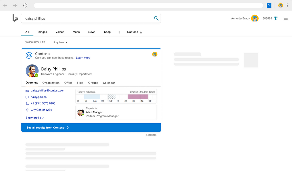 Image of Microsoft Search in Bing that surfaces user contact cards whenever you look up a users name. The contact card surfaces users email, location, contact number etc. to facilitate actionability