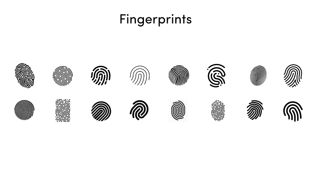 Iconography of “Fingerprints”. It’s 16 examples of different fingerprints. Some of them are in fine detail with thin lines, while others are partial prints with thicker lines, and so on.