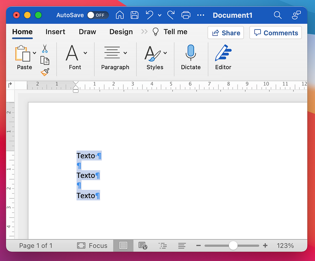Janela do Microsoft Word com sua interface em inglês no sistema operacional MacOS, com um texto selecionado.
