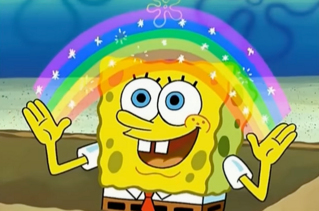 Bob esponja com um arco iris entre as duas mãos