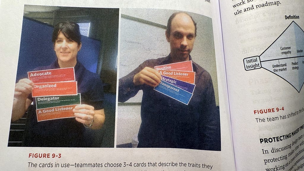 Kristin Skinner and Peter Merholz holding four (4) attribute cards each, photos from their book, “Org Design for Design Orgs”