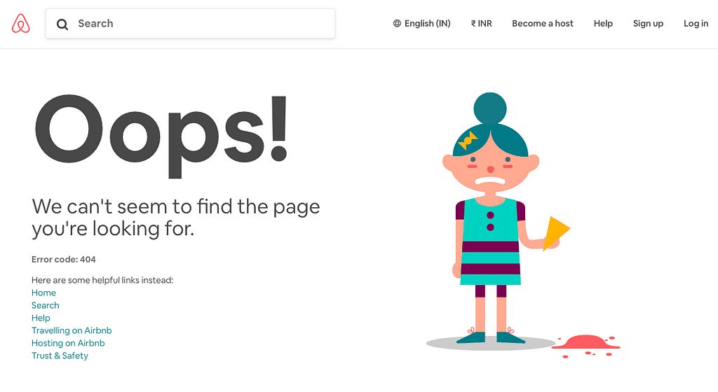 Airbnb’s 404 page offer alternative links to go to