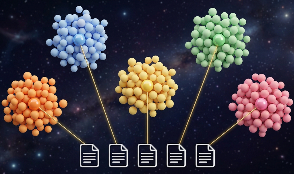 3D illustration of colorful spheres floating in space, organized into five distinct clusters. One sphere per cluster is highlighted and connected by a golden line to a document icon below, representing the selection of one representative per cluster. Anthony Menghi Mindlet https://www.mindlet.app