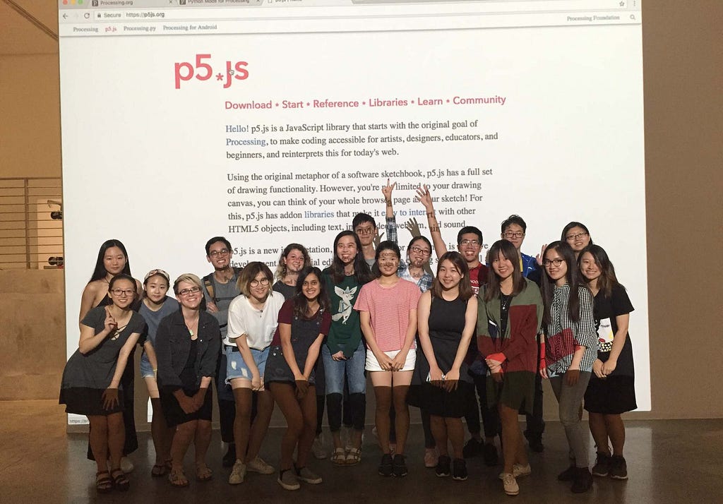Students with teacher/contributor Kate Hollenbach in front of projected p5.js website
