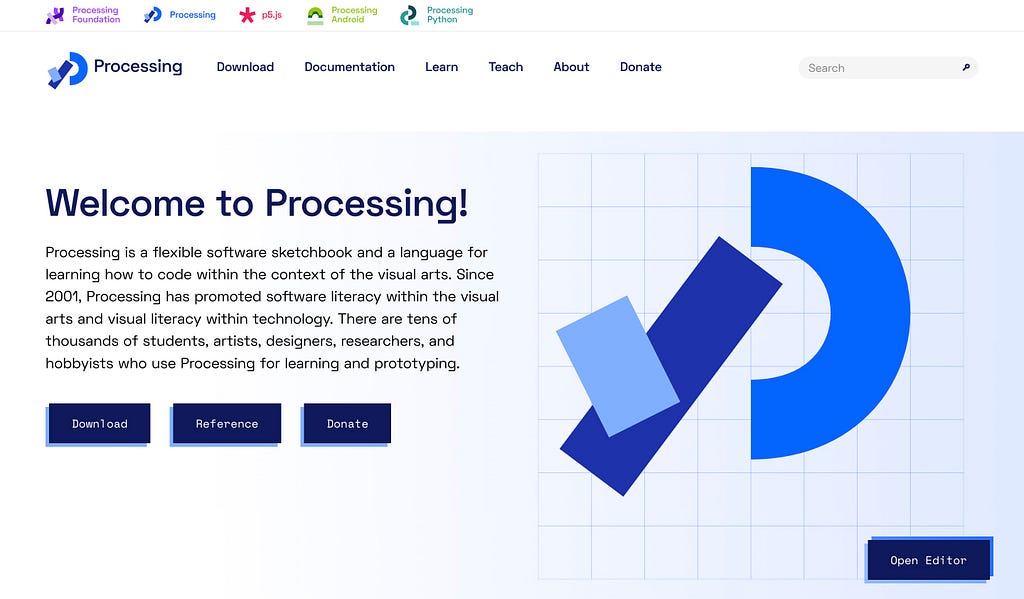 A gradient blue background with a deconstructed P and the words Welcome to Processing! on the left hand side with multiple navy colored buttons to Download software, access references, to donate, and open editor.