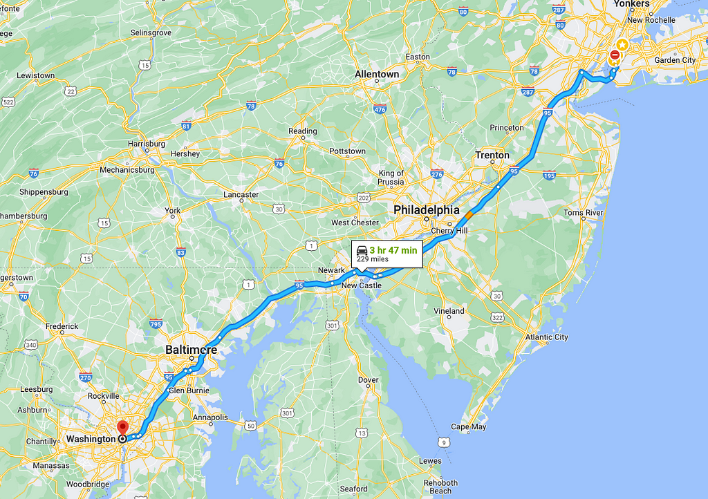 A screengrab of driving directions from NYC to Washington, DC, showing that it will take 3 hours and 47 minutes to drive 229 miles