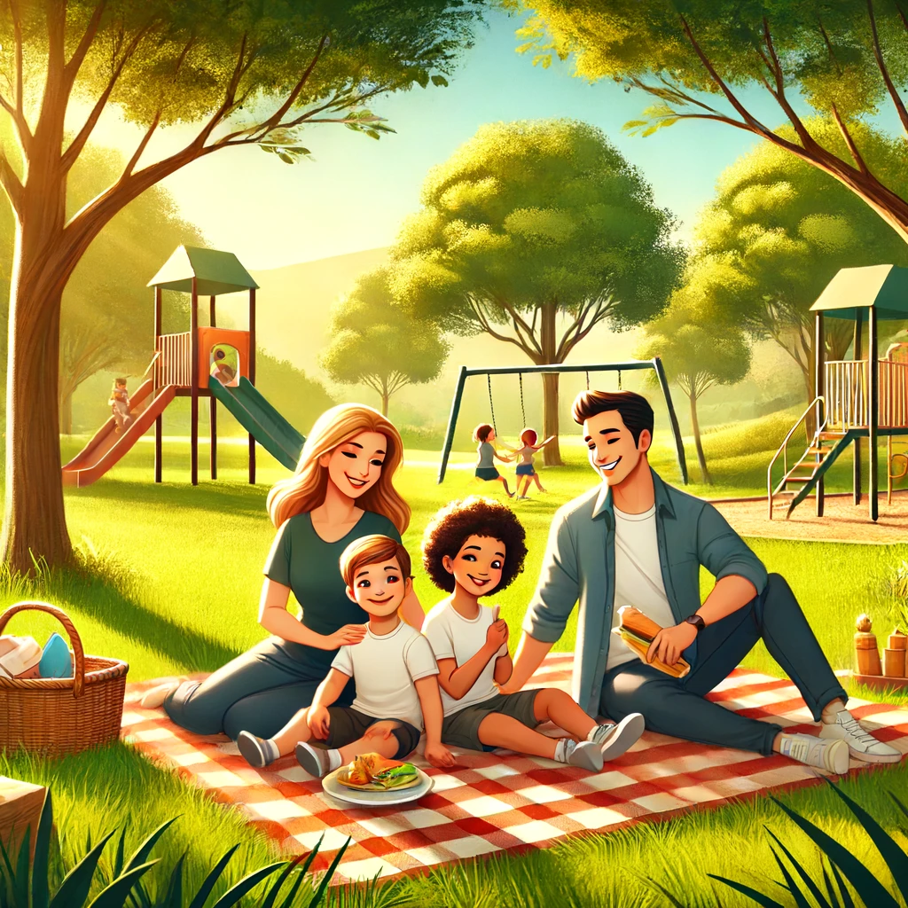 A family having a picnic in a sunny park with trees and a playground in the background.