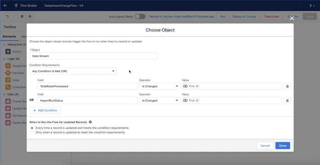 Flow screen where you can choose filters to specify when the flow should execute.