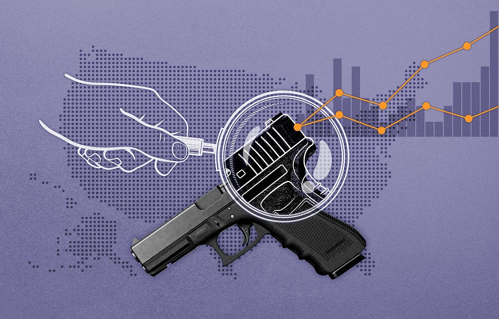 Graphic of a hand holding a magnifying glass over a handgun, superimposed over a dotted map of the United States and a chart.