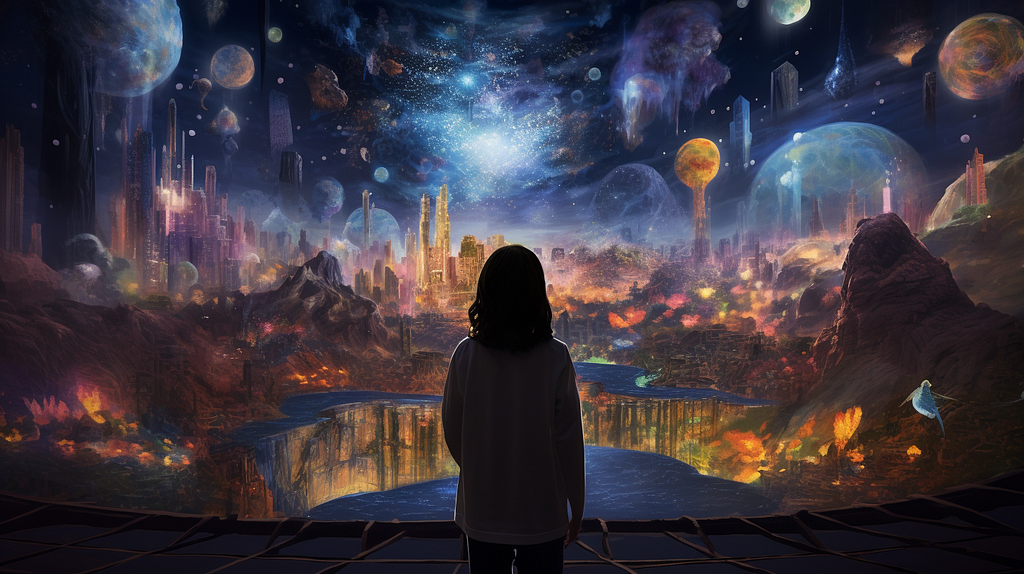 A figure stands before a vast cosmic vista, with floating planets and a star-filled galaxy above a futuristic cityscape, surrounded by a wilderness aglow with ethereal light.