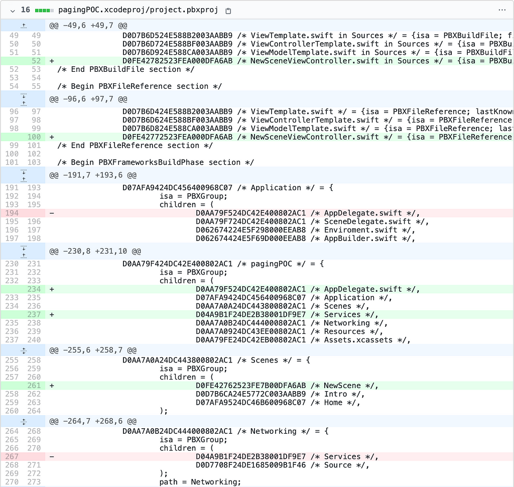 Lista de alterações no XML do arquivo .xcodeproj, durante um Pull Request, causados por alterações no diretório do projeto.