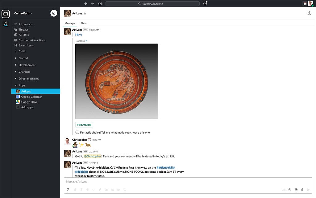 Example of the ArtLens Daily Exhibition in CultureTech’s Slack workspace