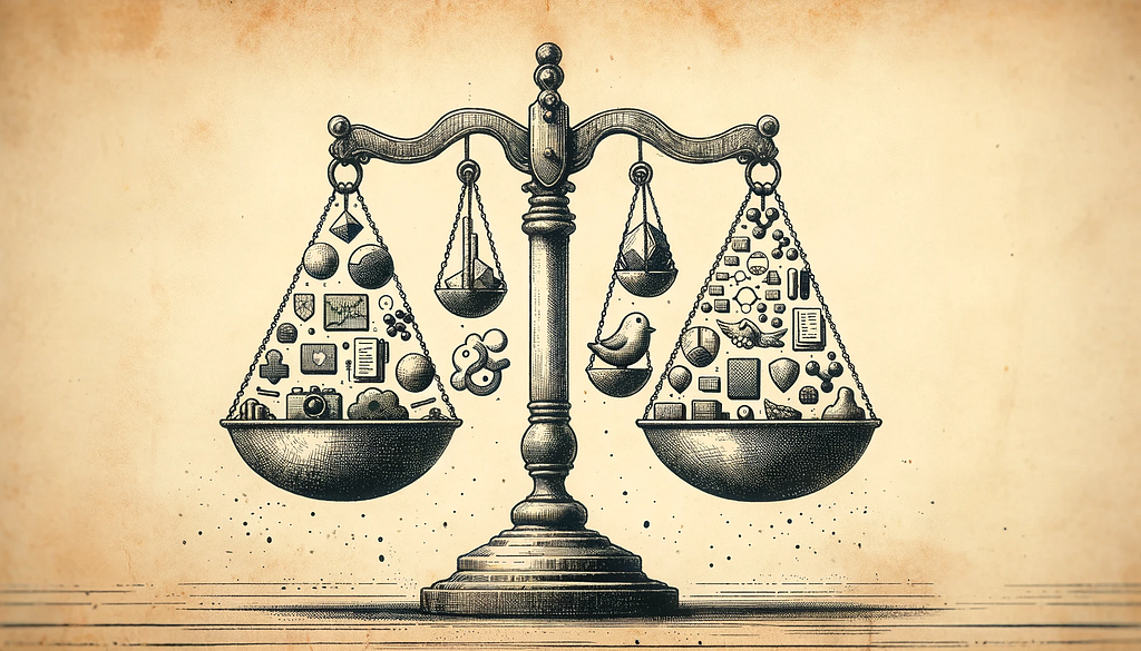 A scale having different iconic symbols of different objects representing the importance of bringing data to “the same scale”