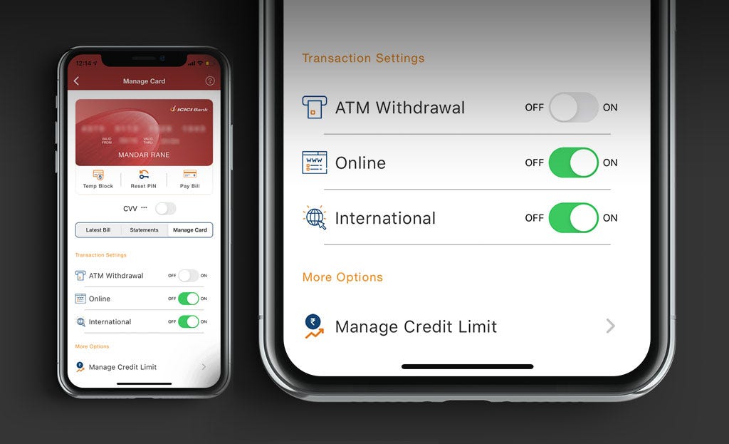 ICICI Bank Mobile App interface for Credit Card with toggle buttons