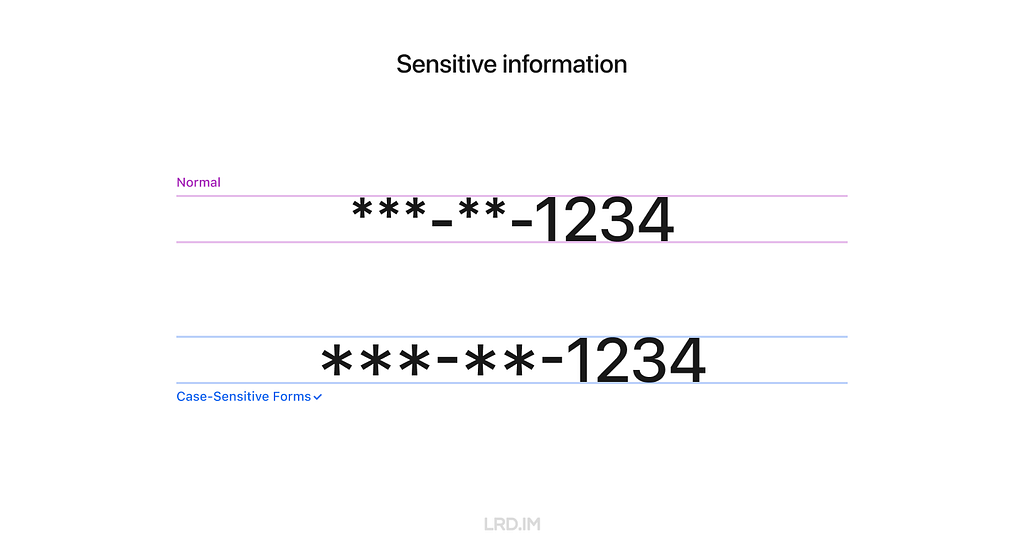 Graphic displaying masked sensitive information ‘***-**-1234’ with normal and Case-Sensitive Forms formatting in Figma.