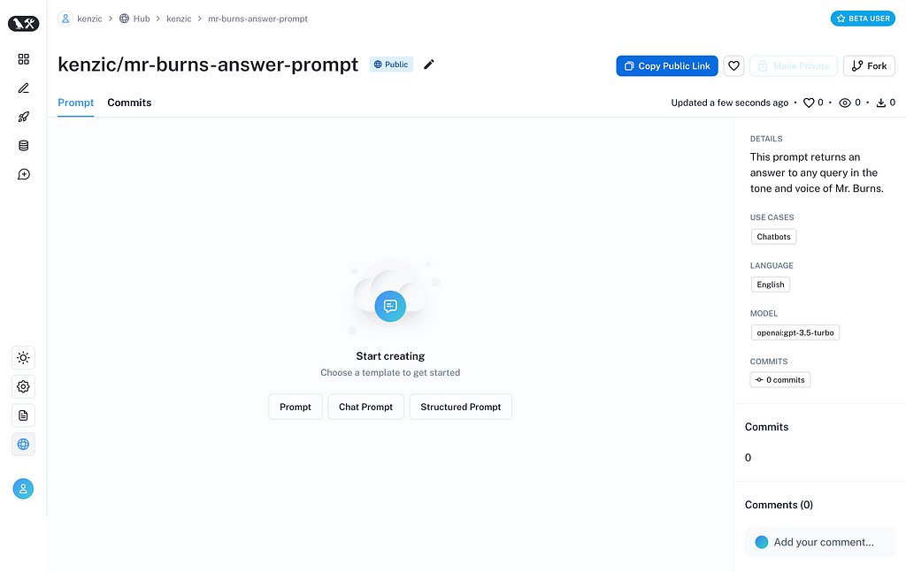 LangChain Hub Create Prompt type screen