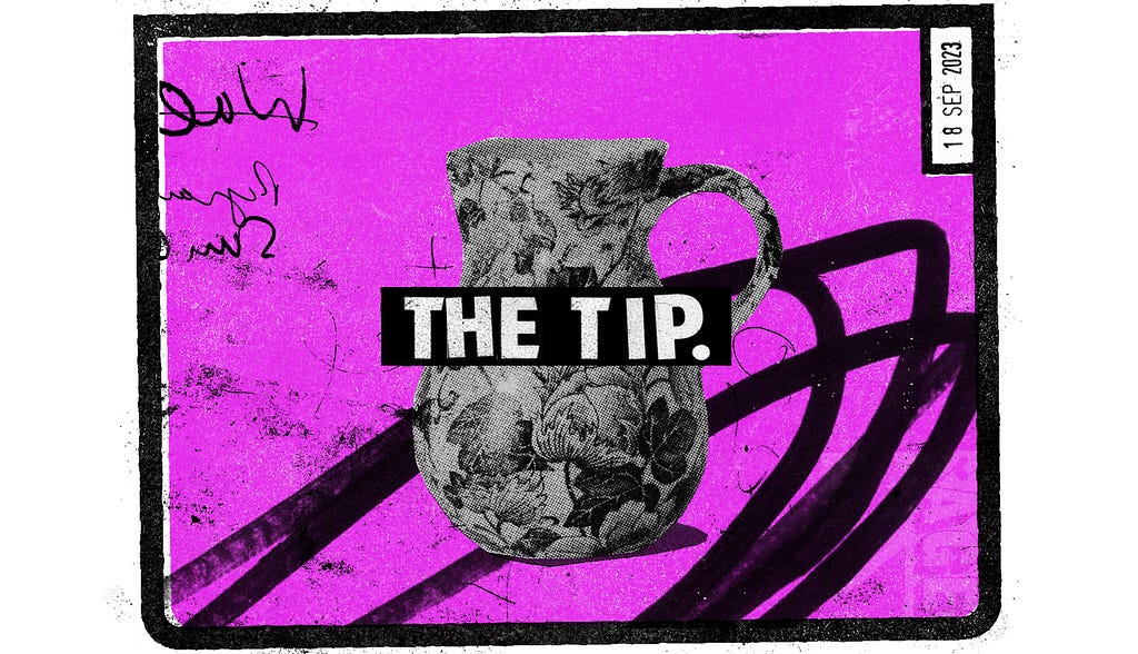 An image of a chintz patterned gravy jug, on a pink background. The words ‘The Tip’ are written on top, in white.