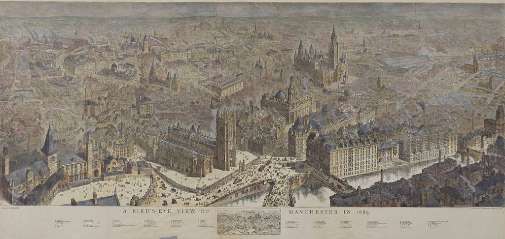 Coloured view of the city of Manchester drawn from an elevated viewpoint. The Town Hall, Manchester Cathedral and other key buildings of architectural significance are emphasised. The streets are bustling with people.