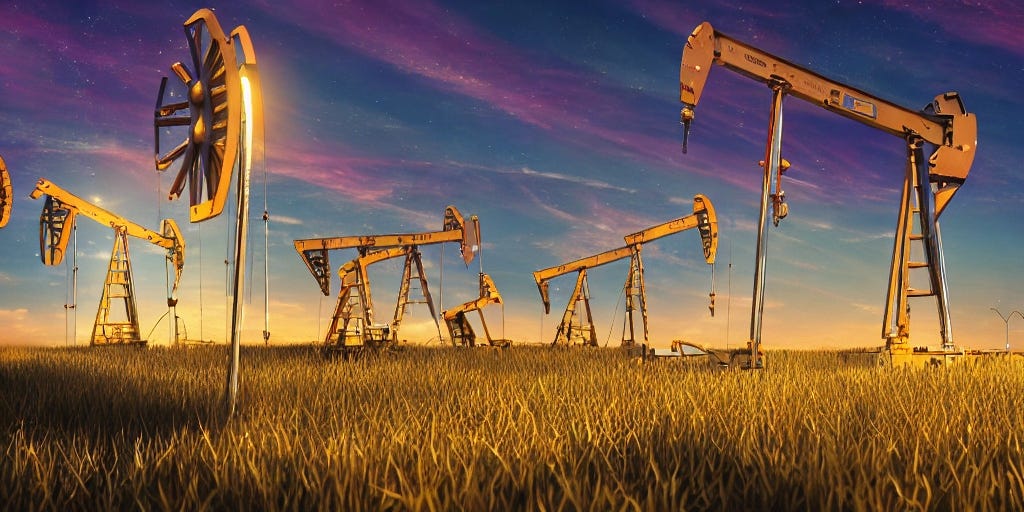 Oil derrick pumps made of gold on a field in sunset