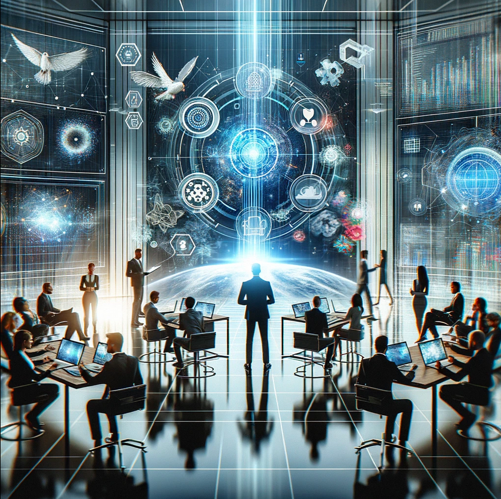 Here is an image that represents the dynamic and innovative spirit of digital transformation in business, akin to what Asgard Technologies embodies. This visual captures the essence of modern corporate innovation, featuring a diverse group of professionals around a holographic display of advanced technologies. It symbolizes the energy, forward-thinking approach, and collaborative spirit central to technological advancement and strategic business planning.