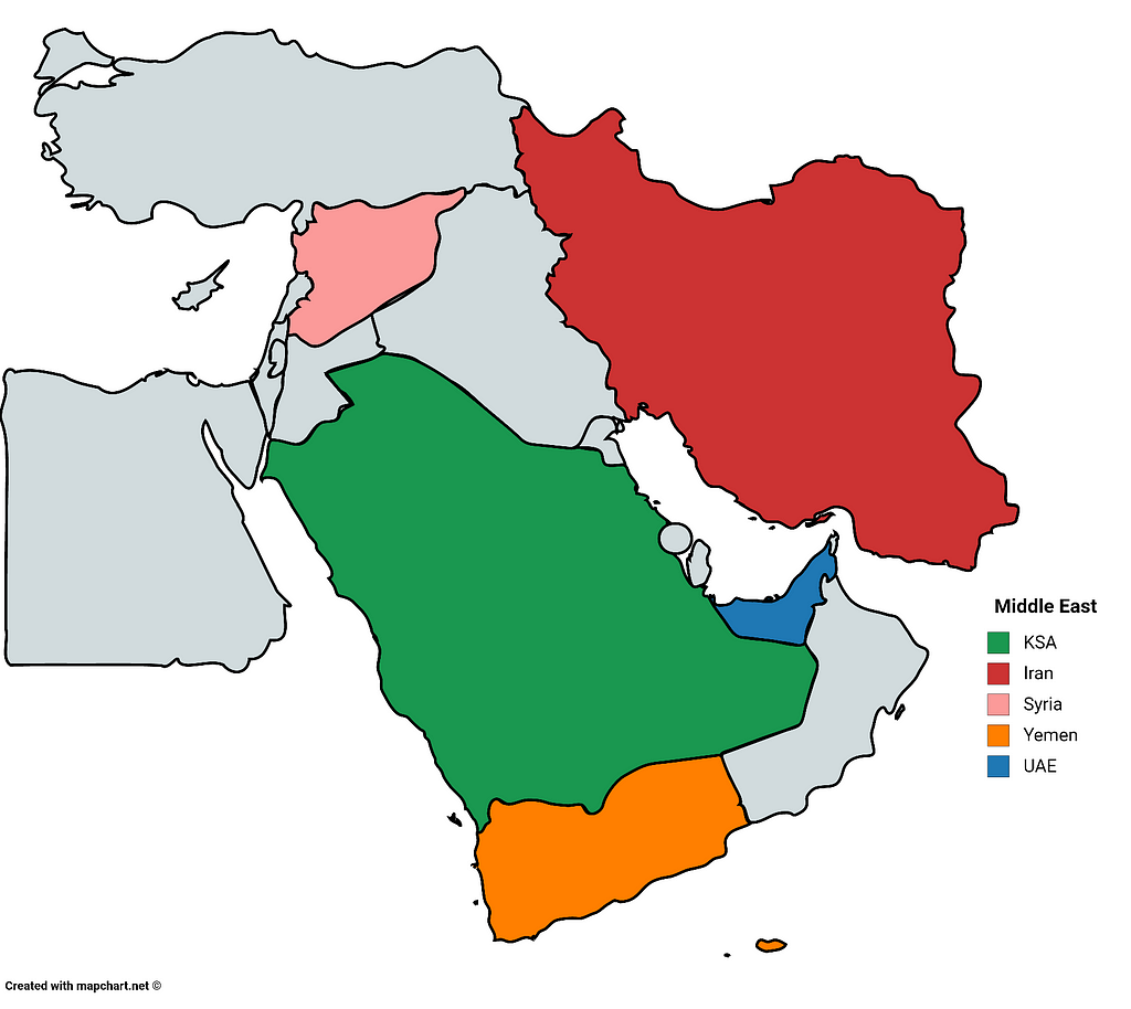Credits @mapchart → https://mapchart.net/ →Map of Yemen and its prominent neighbours