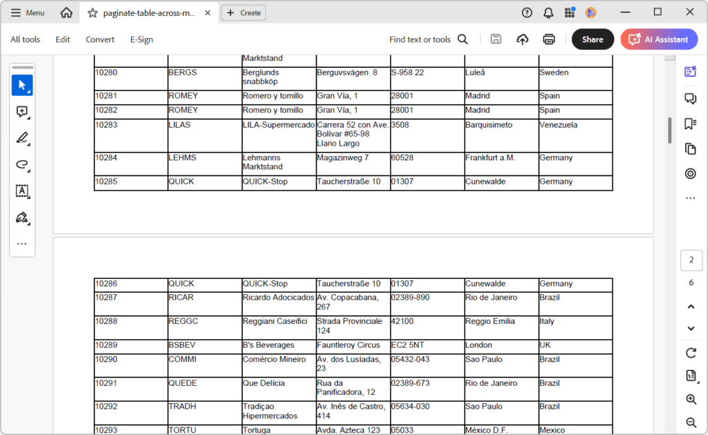 Paginating table rows in a PDF using the .NET PDF Library