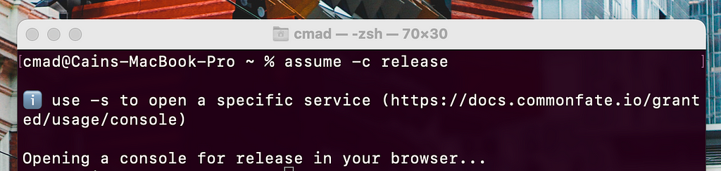 A screenshot of a terminal. The command is “assume -c release”. Running this command gives the result “Opening a console for release in your browser…”