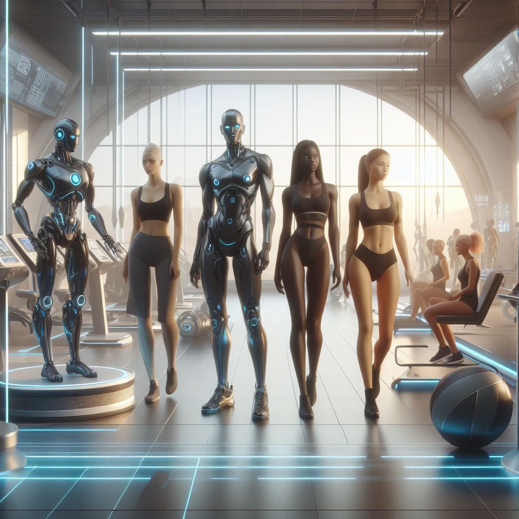 Three women walking into a gym with humanoid robots at their service.