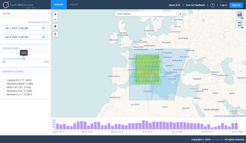 Screenshot of Earth OnDemand search with various data source results over Europe.