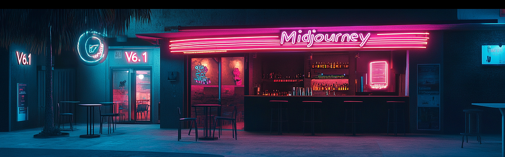 Bold, neon lights illuminate “Midjourney V6.1 “ outside a bar