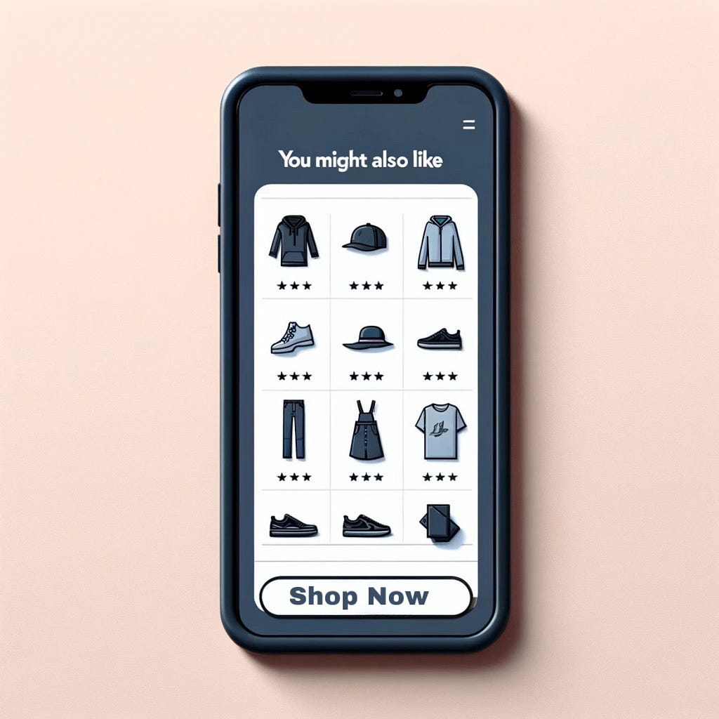 A smartphone displaying an email with a header ‘You Might Also Like’  followed by images of various products, symbolizing predictive shopping and personalized recommendations.