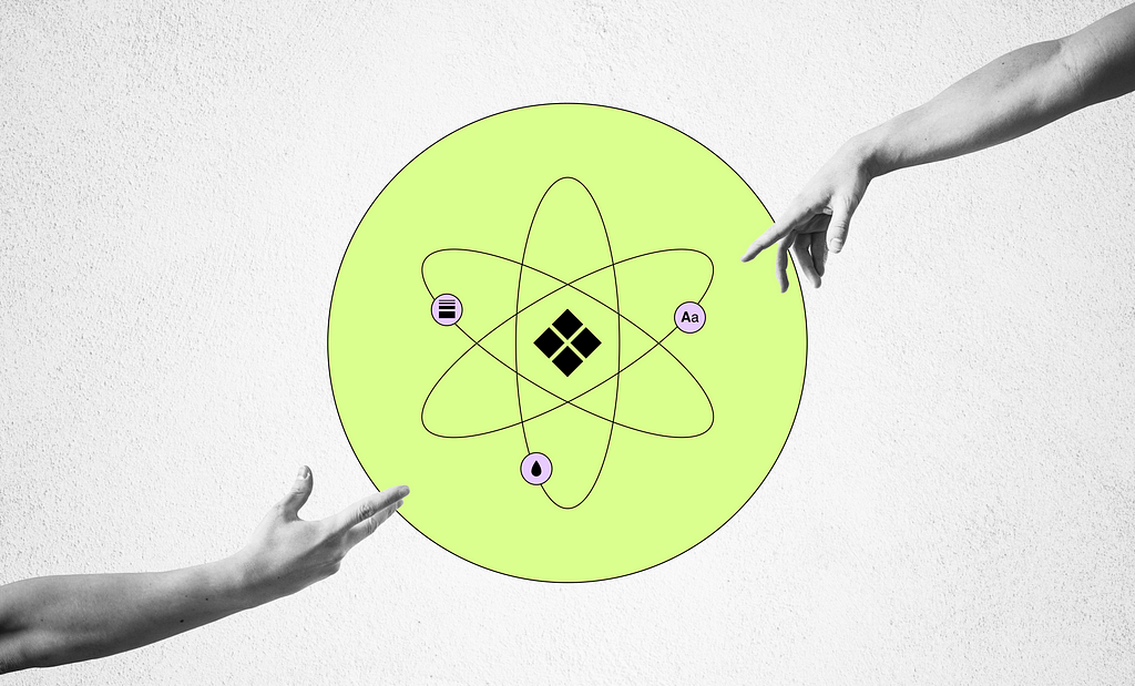 Two hands reach into the center where icons representing typography, colour, and spacing are arranged around the component symbol used in Figma like an atom.