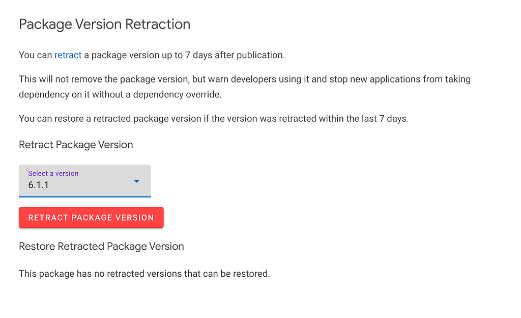 Screenshot of the package retraction UI