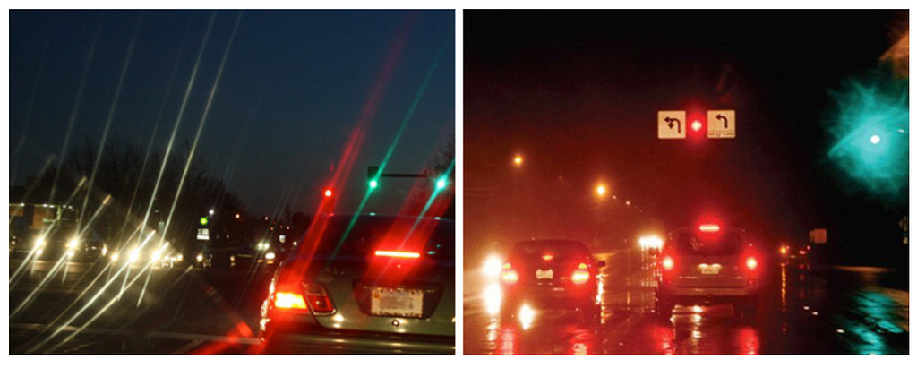 Two separate images side by side of a cars in traffic. The left is significantly blury compared to the right image.