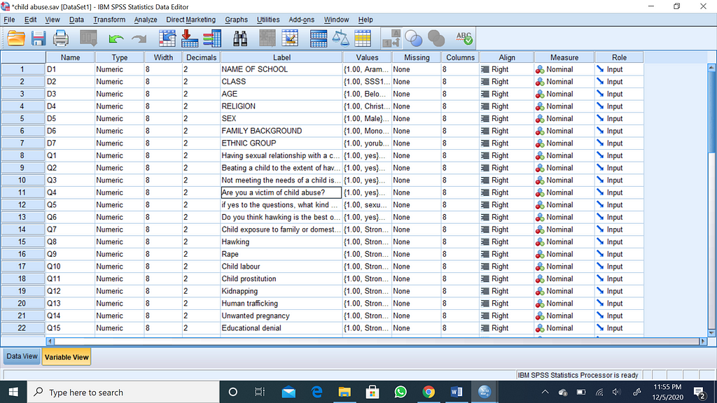 Variable view of the dataset